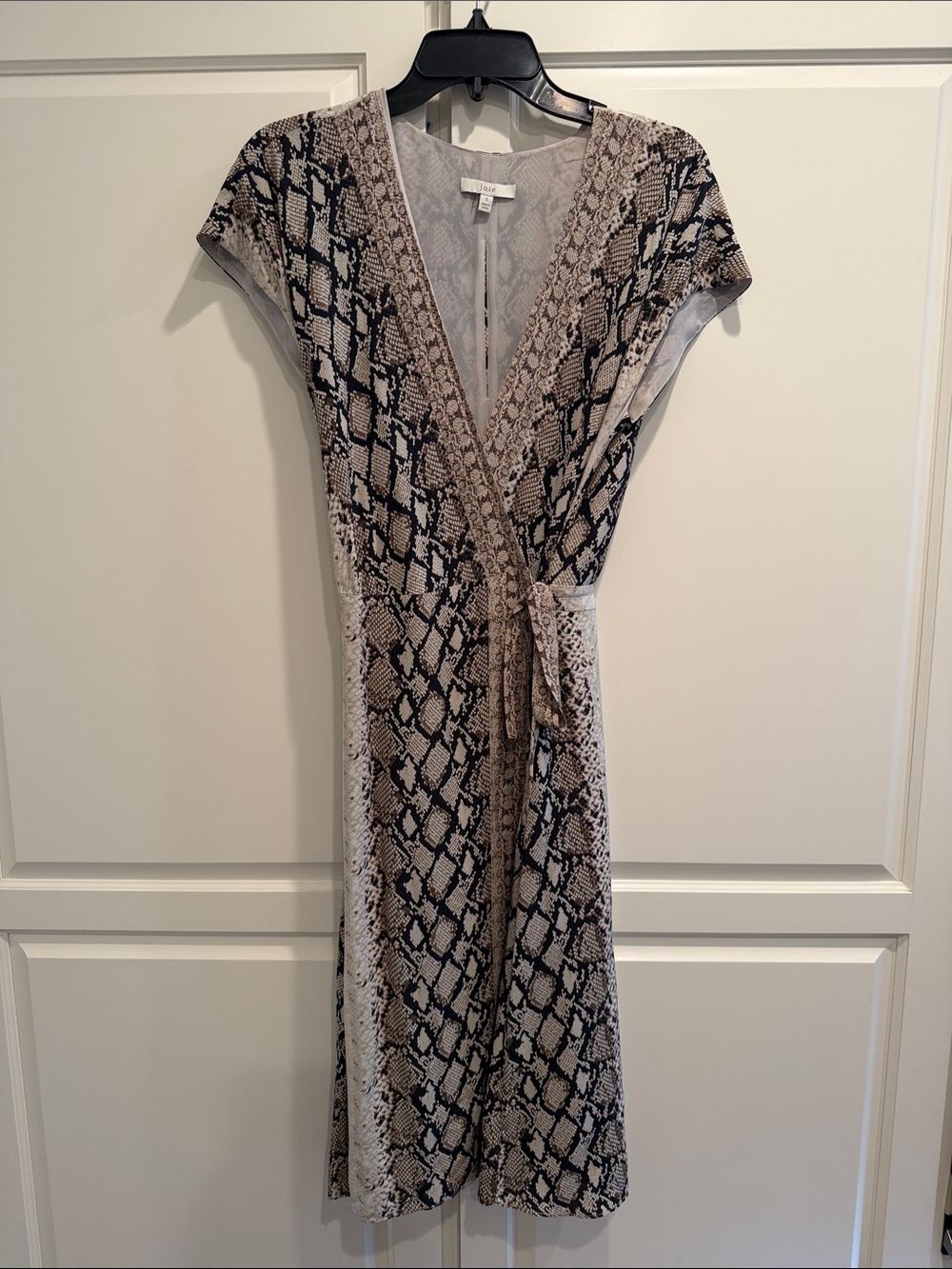 Joie Snake-Print Wrap Midi Dress in Beige and Black